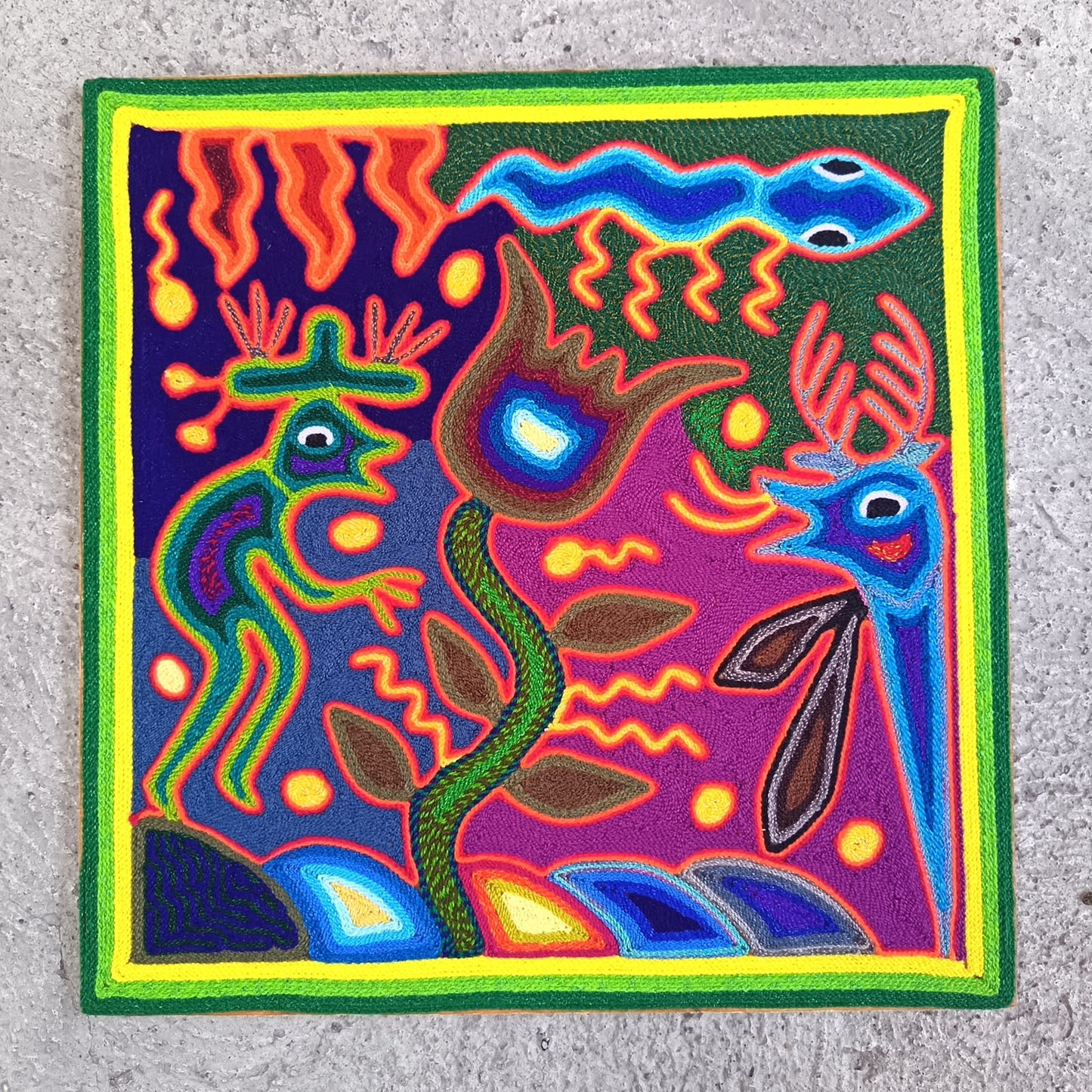 Mexican Folk Art Huichol Yarn Painting by Cooperativa Zitacua PP9530 Oaxaca