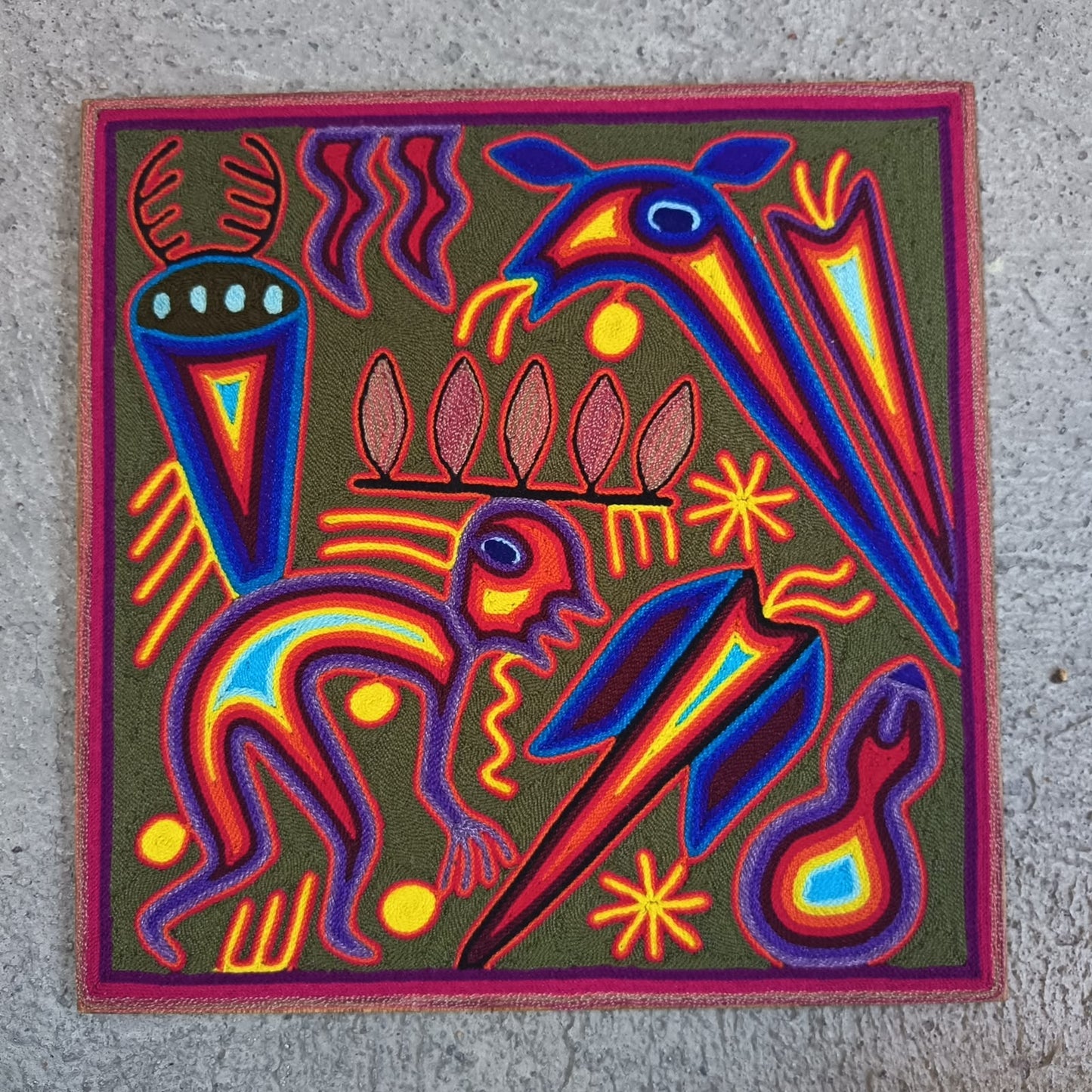 Mexican Folk Art Huichol Yarn Painting by Cooperativa Zitacua PP9533 Oaxaca