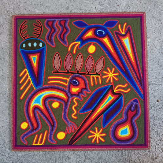 Mexican Folk Art Huichol Yarn Painting by Cooperativa Zitacua PP9533 Oaxaca