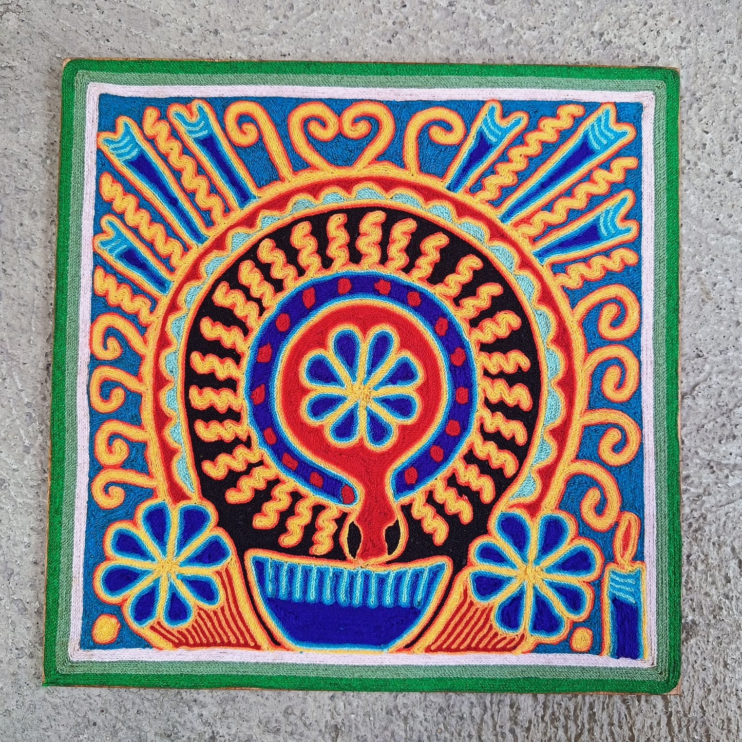 Mexican Folk Art Huichol Yarn Painting by Cooperativa Zitacua PP9534 Oaxaca