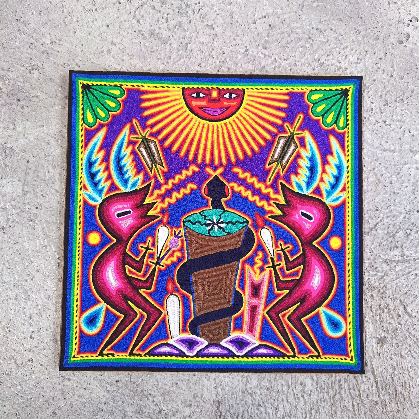 Mexican Folk Art Huichol Yarn Painting by Cooperativa Zitacua PP9540