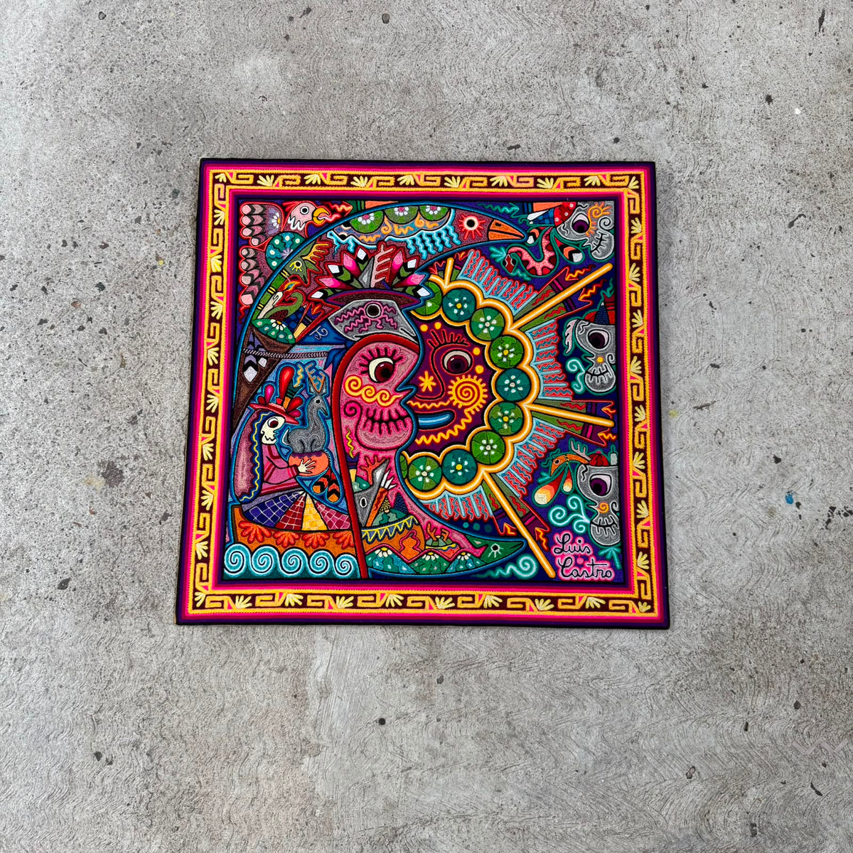 Mexican Folk Art Huichol Indian Yarn Painting by Luis Castro PP9551