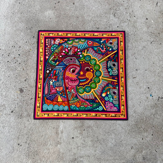 Mexican Folk Art Huichol Indian Yarn Painting by Luis Castro PP9551