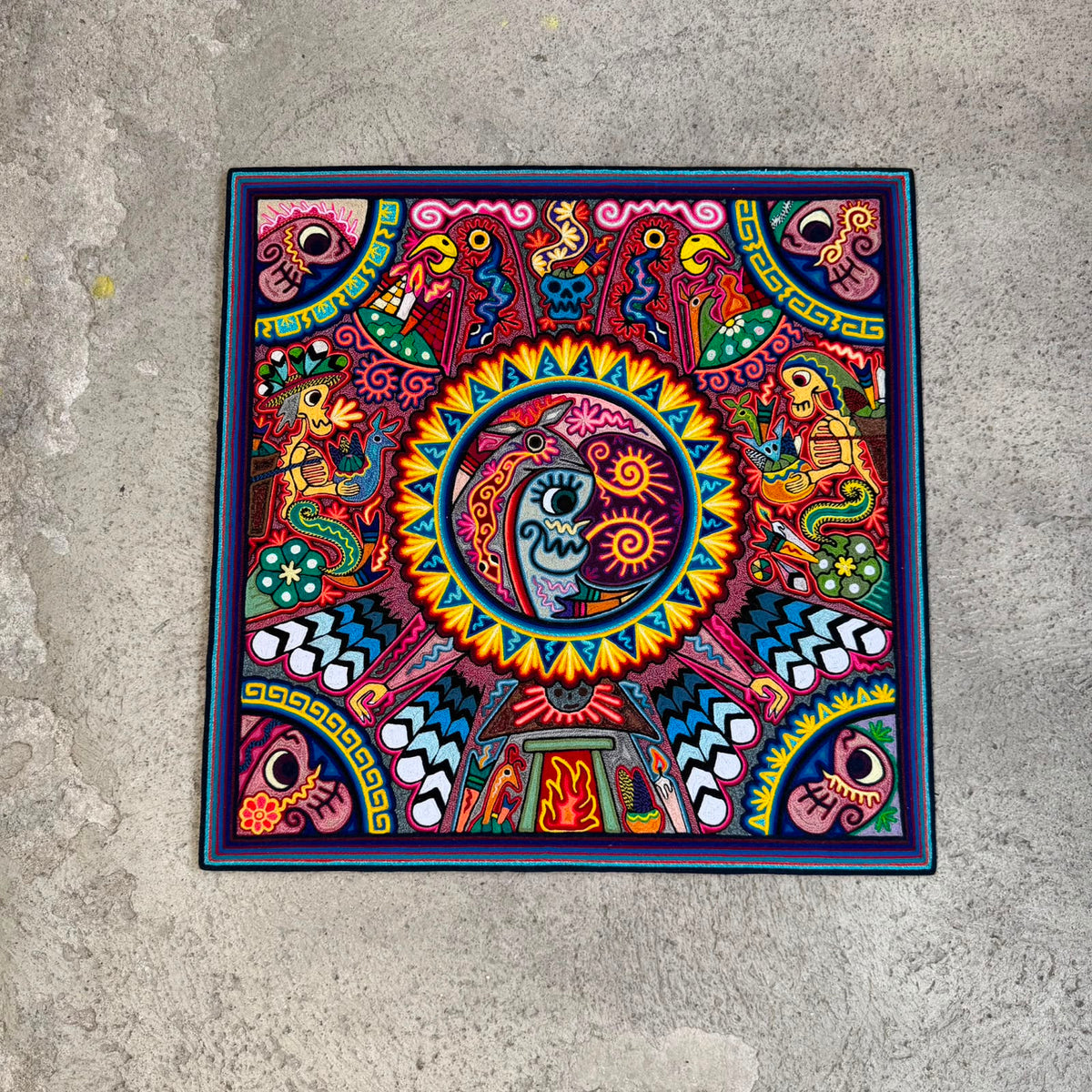 Mexican Folk Art Huichol Indian Yarn Painting by Luis Castro PP9558