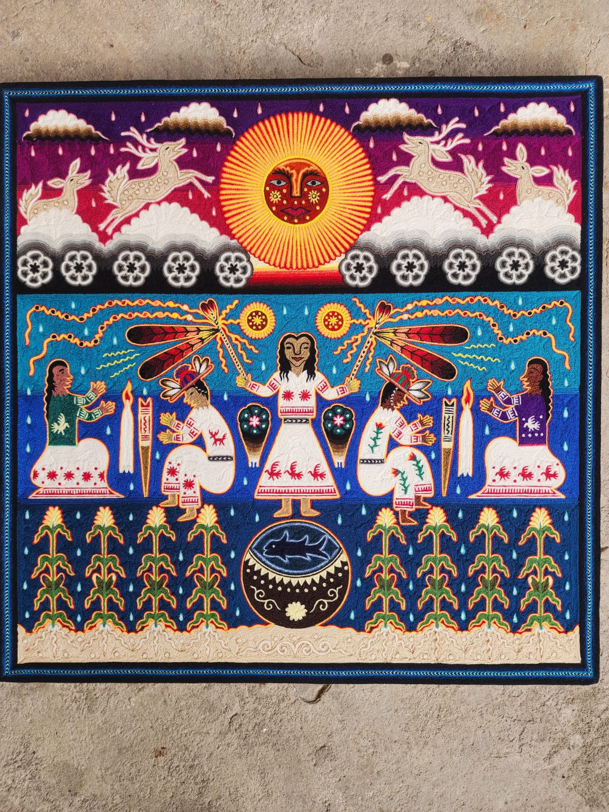 Huichol Indian Yarn Painting by  Samuel Hernandez  PP9567