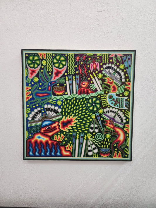 Huichol Mexican Folk Art Yarn Painting  By Maximino Renteria PP9608