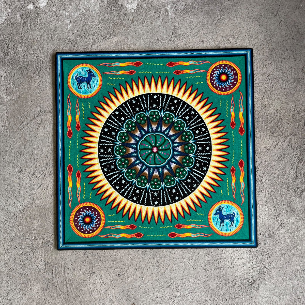 Huichol Indian Yarn Painting by  Samuel Hernandez  PP9617