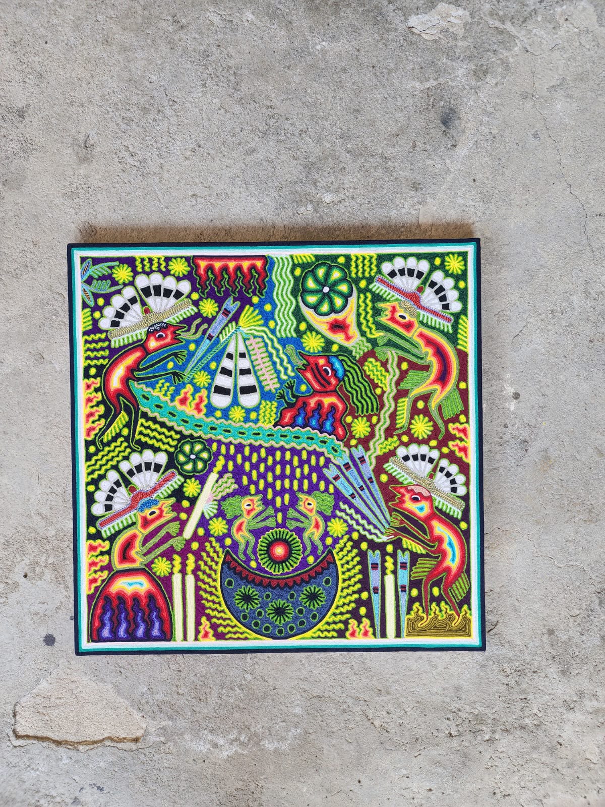 Huichol Mexican Folk Art Yarn Painting  By Maximino Renteria PP9630