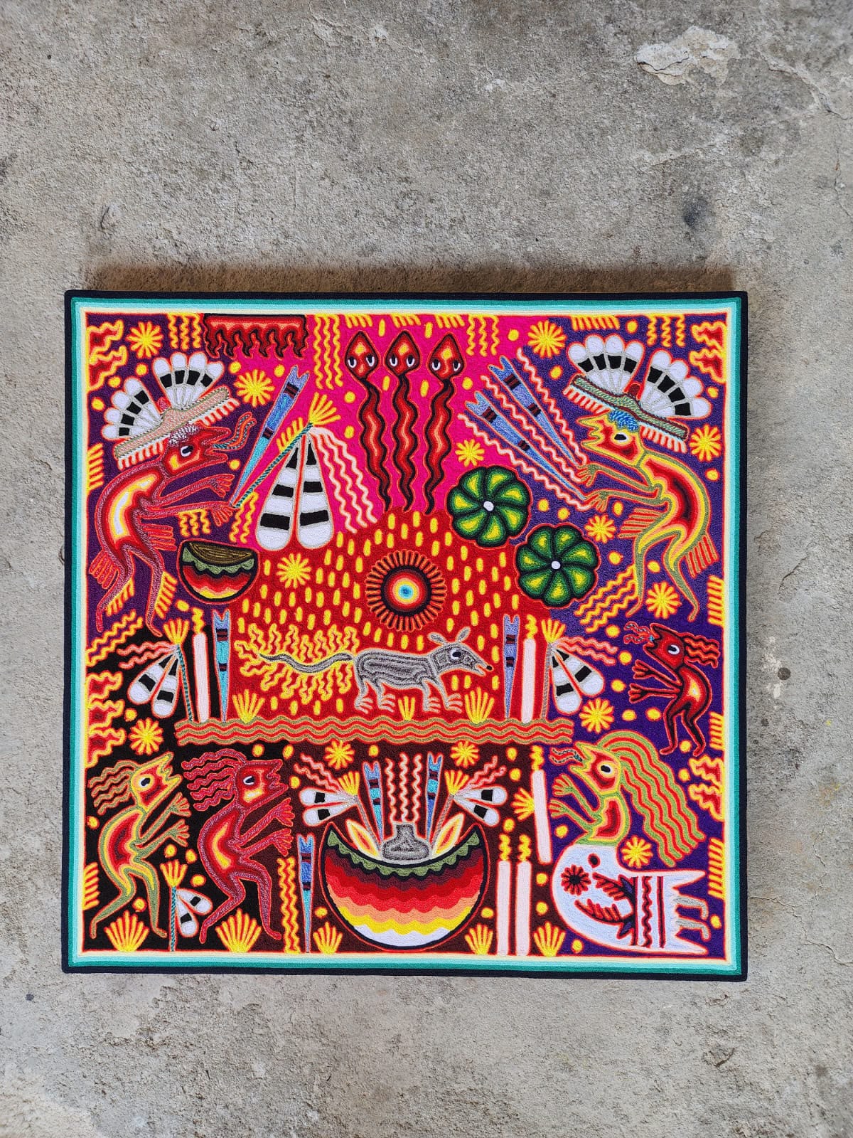 Huichol Mexican Folk Art Yarn Painting  By Maximino Renteria PP9631