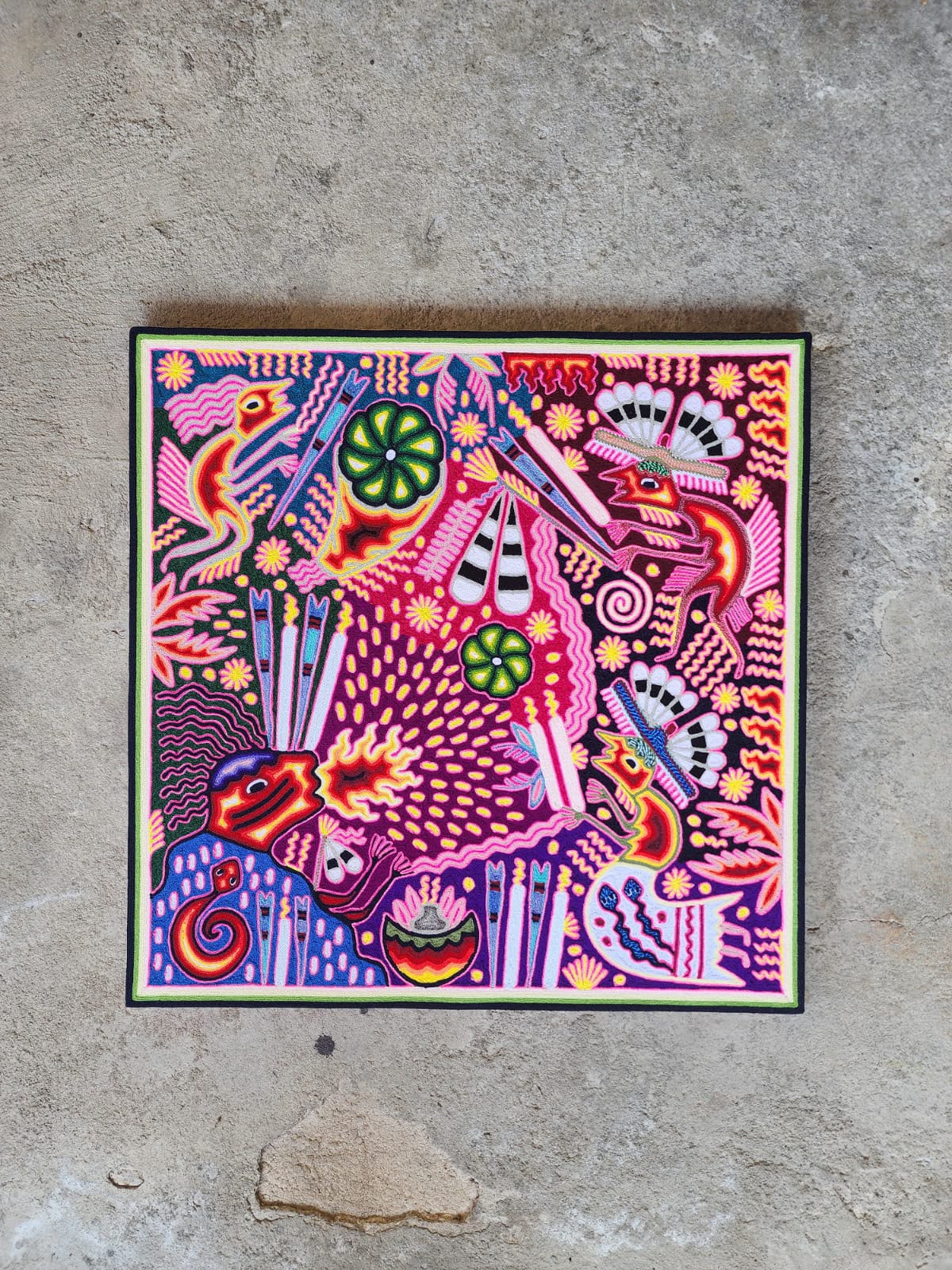 Huichol Mexican Folk Art Yarn Painting  By Maximino Renteria PP9632