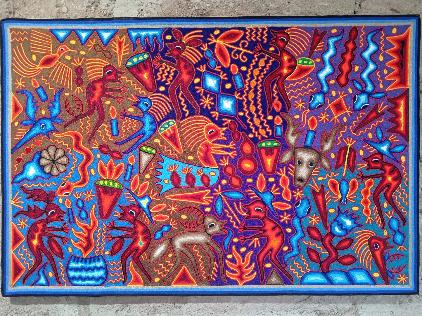 Huichol Indian Yarn Painting Mexican Folk Art By Lourdes Diaz Benitez measures 32"x48" PP7162