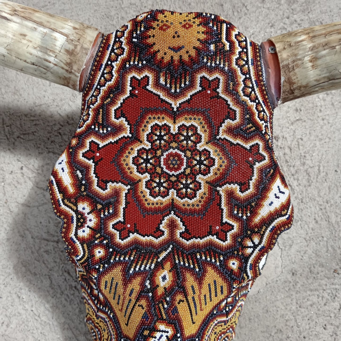 Hand Beaded Huichol Mexican Folk Art Bull Skull, By Isandro Villa Lopez PP7231