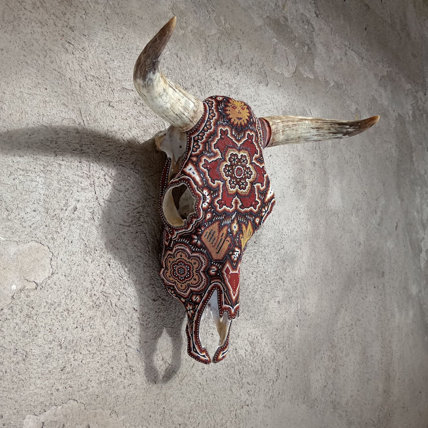 Hand Beaded Huichol Mexican Folk Art Bull Skull, By Isandro Villa Lopez PP7231