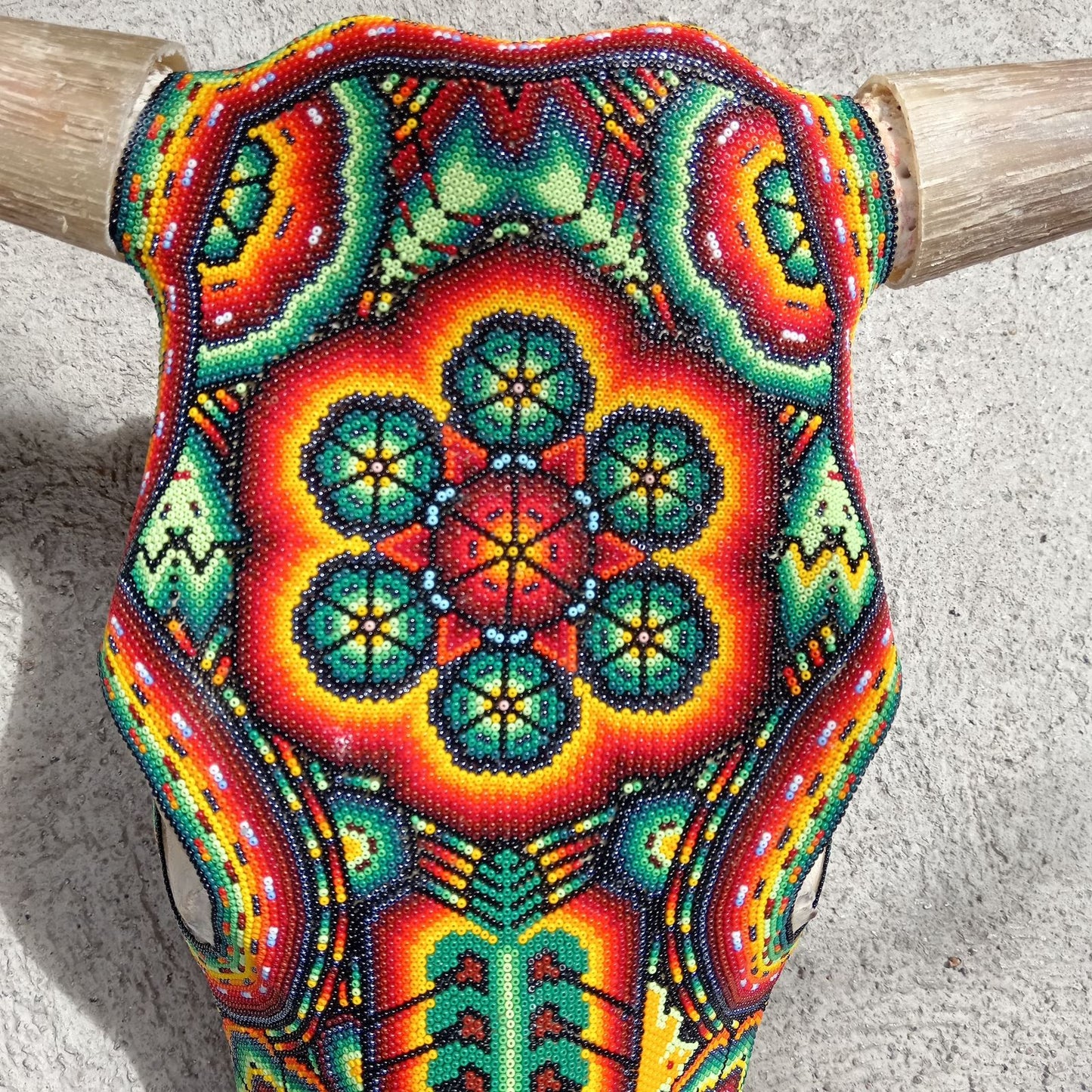 Hand Beaded Huichol Mexican Folk Art Bull Skull, By Isandro Villa Lopez PP7232