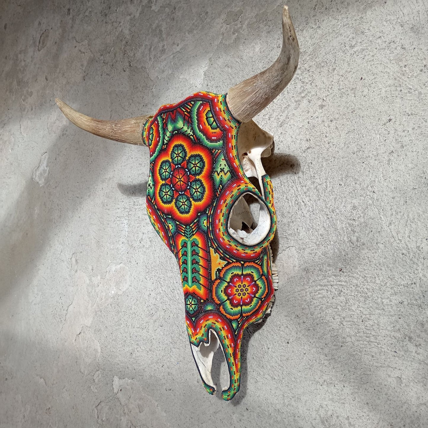 Hand Beaded Huichol Mexican Folk Art Bull Skull, By Isandro Villa Lopez PP7232