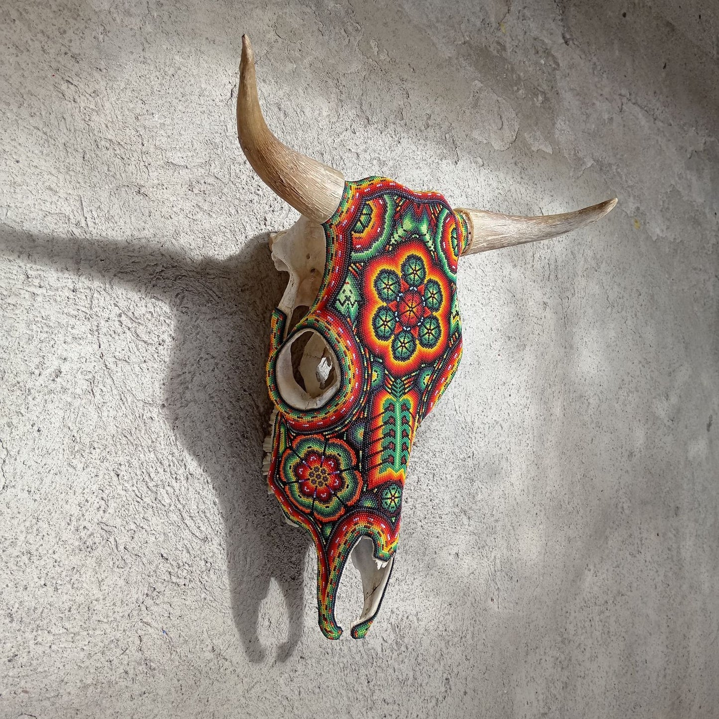 Hand Beaded Huichol Mexican Folk Art Bull Skull, By Isandro Villa Lopez PP7232