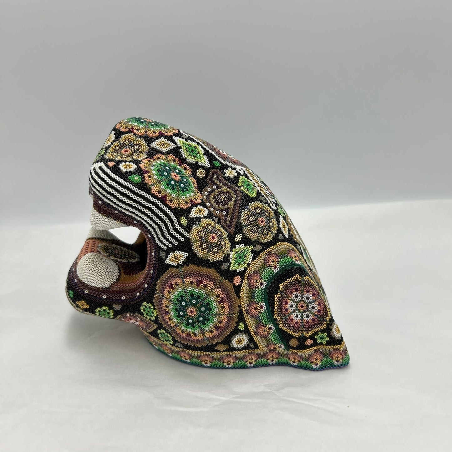 Huichol Indian Mexican Folk Art Micro Bead Jaguar Head By Juan de la Cruz PP7234