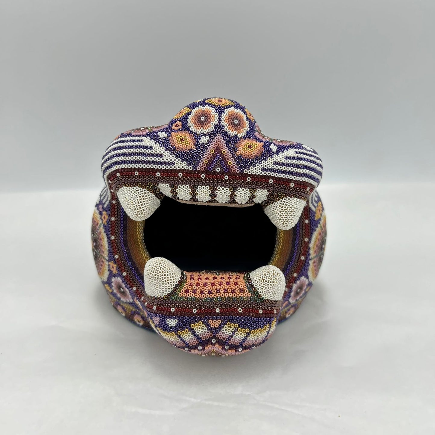 Huichol Indian Mexican Folk Art Micro Bead Jaguar Head By Juan de la Cruz PP7236