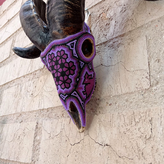 Huichol Indian Hand Beaded Cast Resin Sheep Skull By Morelia Lopez PP7422 Oaxaca