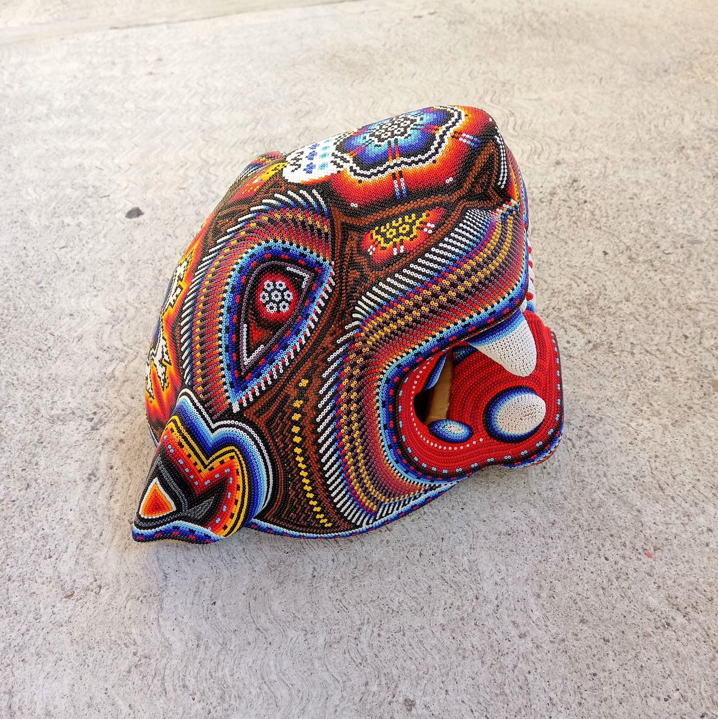 Mexican Huichol Hand Beaded Jaguar Head By Santos Bautista PP7526