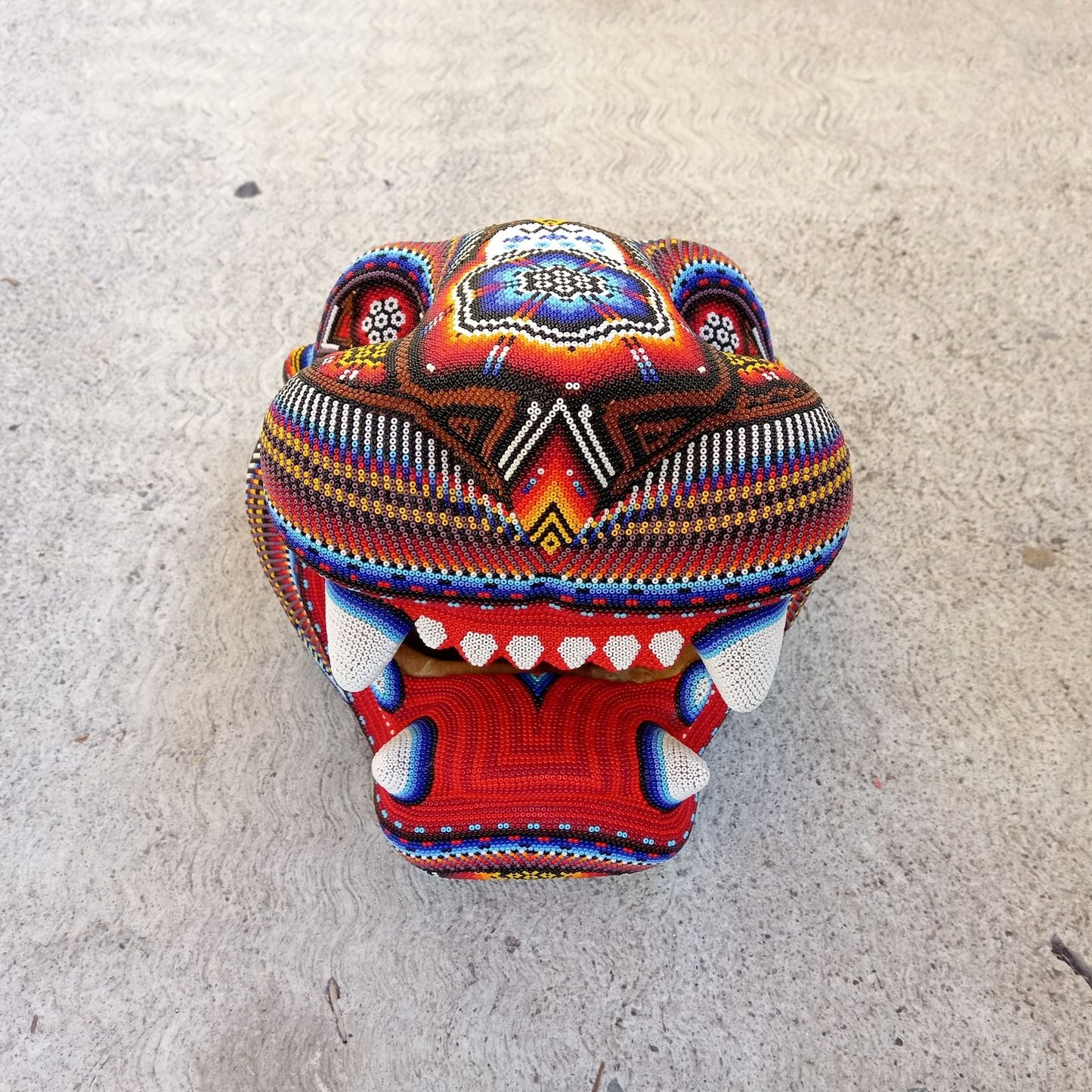 Mexican Huichol Hand Beaded Jaguar Head By Santos Bautista PP7526