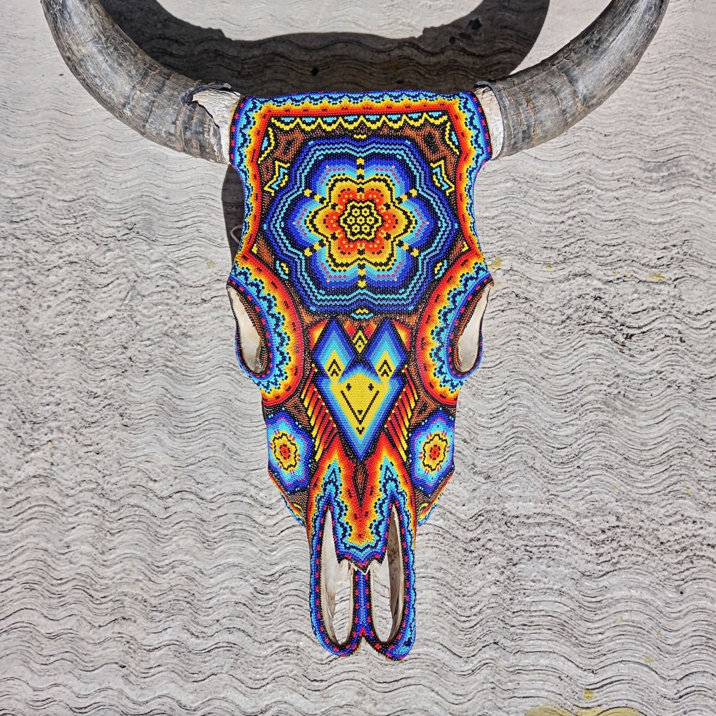 Huichol Indian Hand Beaded Bull Skull By Santos Bautista PP7542