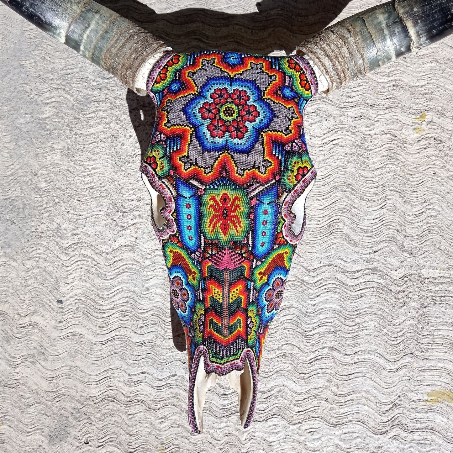 Mexican Folk Art Huichol Hand Beaded Bull Skull By Isandro Villa Lopez PP7546