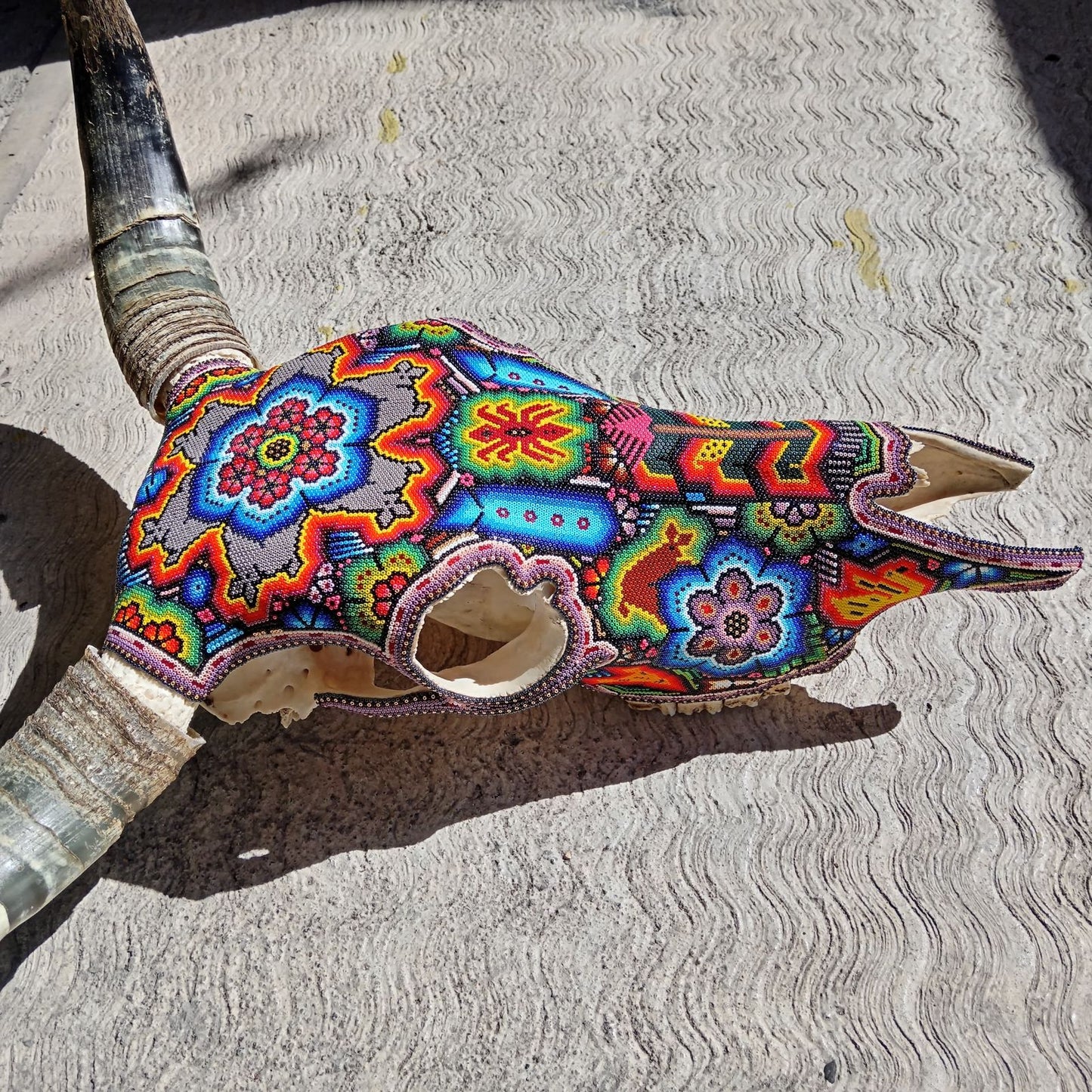 Mexican Folk Art Huichol Hand Beaded Bull Skull By Isandro Villa Lopez PP7546