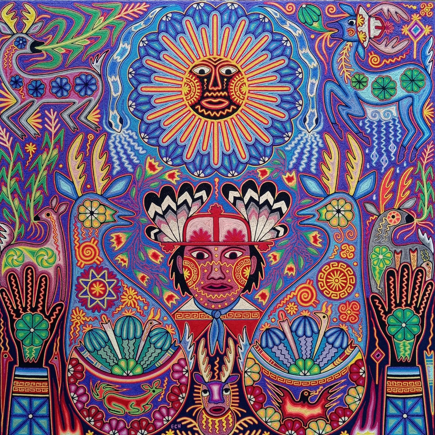 Huichol Indian Mexican Folk Art Yarn Painting By Excelente Castro PP7660