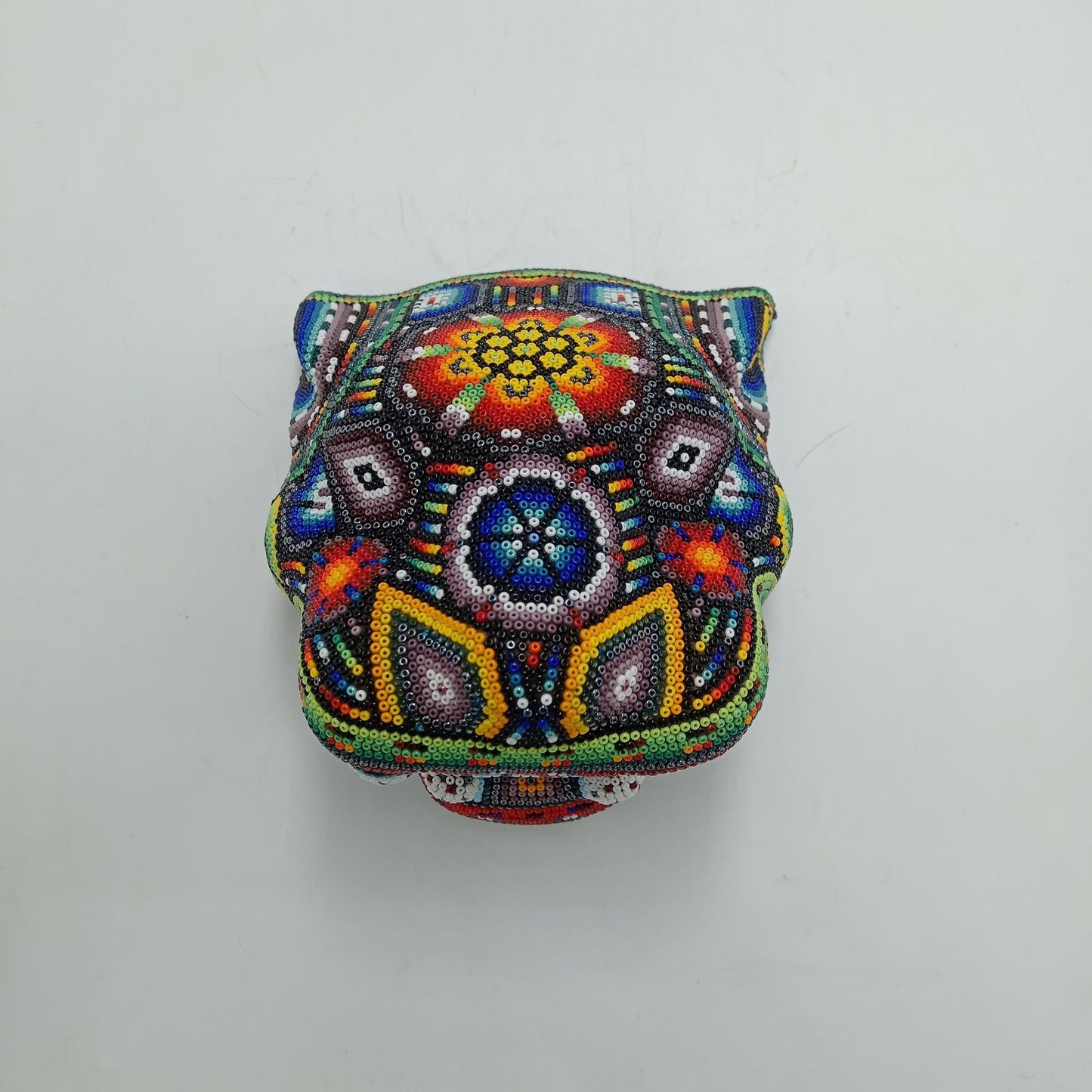 Mexican Folk Art Huichol Beaded Jaguar Head By Mayola Villa Lopez PP8166