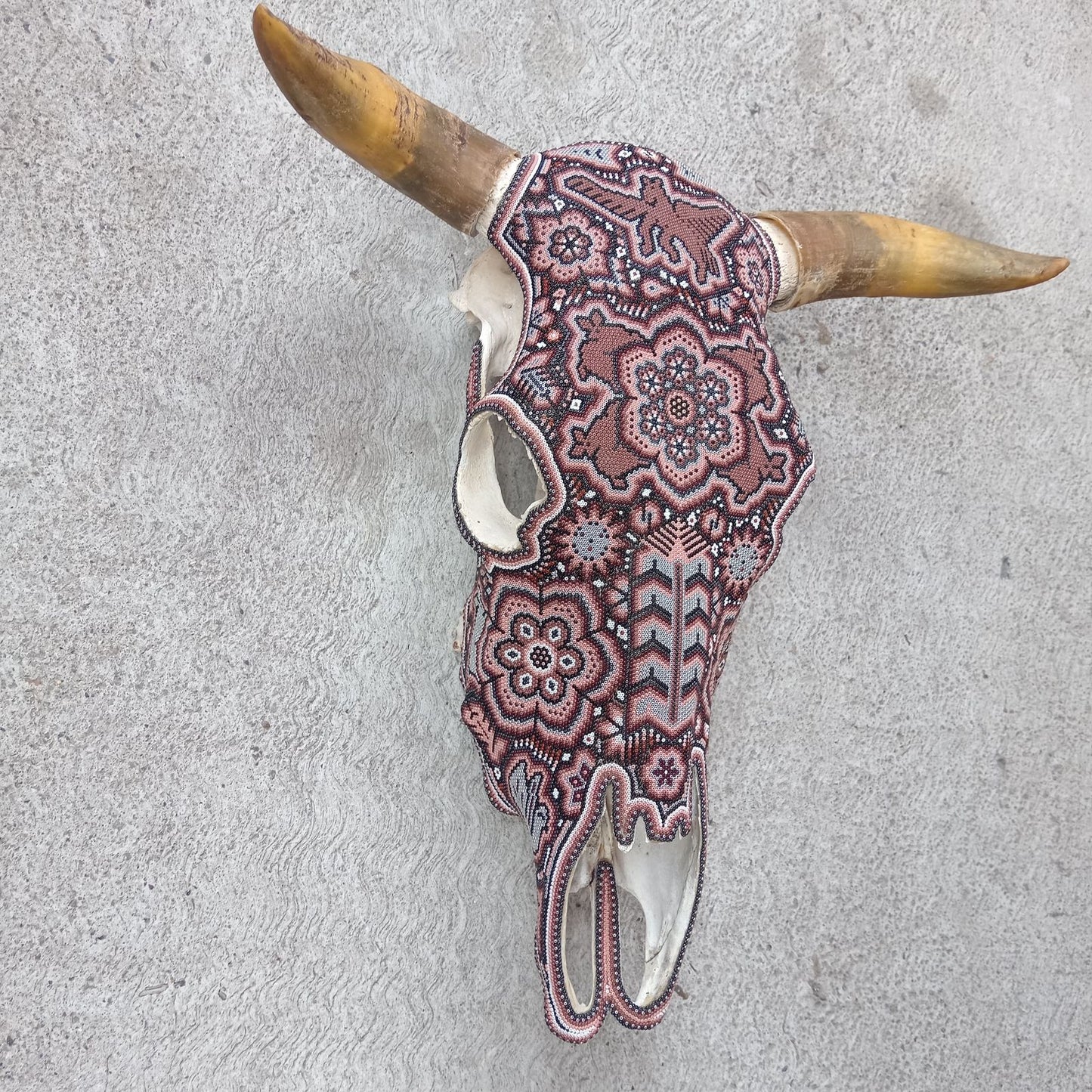 Mexican Folk Art Huichol Hand Beaded Bull Skull By Isandro Villa Lopez PP8171