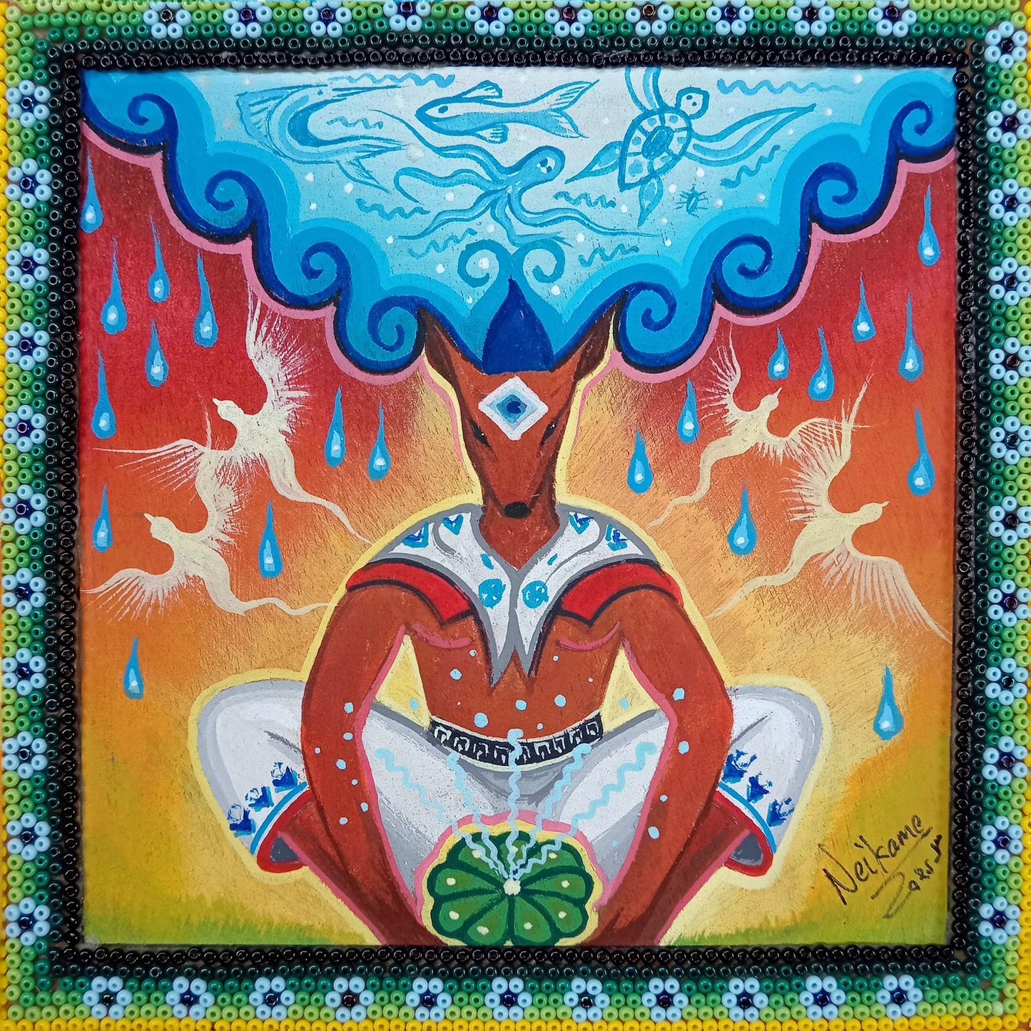 Huichol Mexican Folk Art Yarn Painting by Neikame PP8203