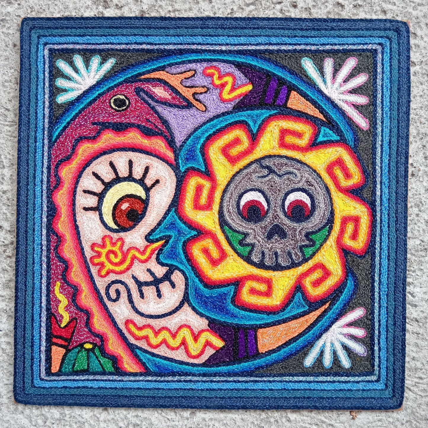 Mexican Folk Art Huichol Indian Yarn Painting by Luis Castro PP8260