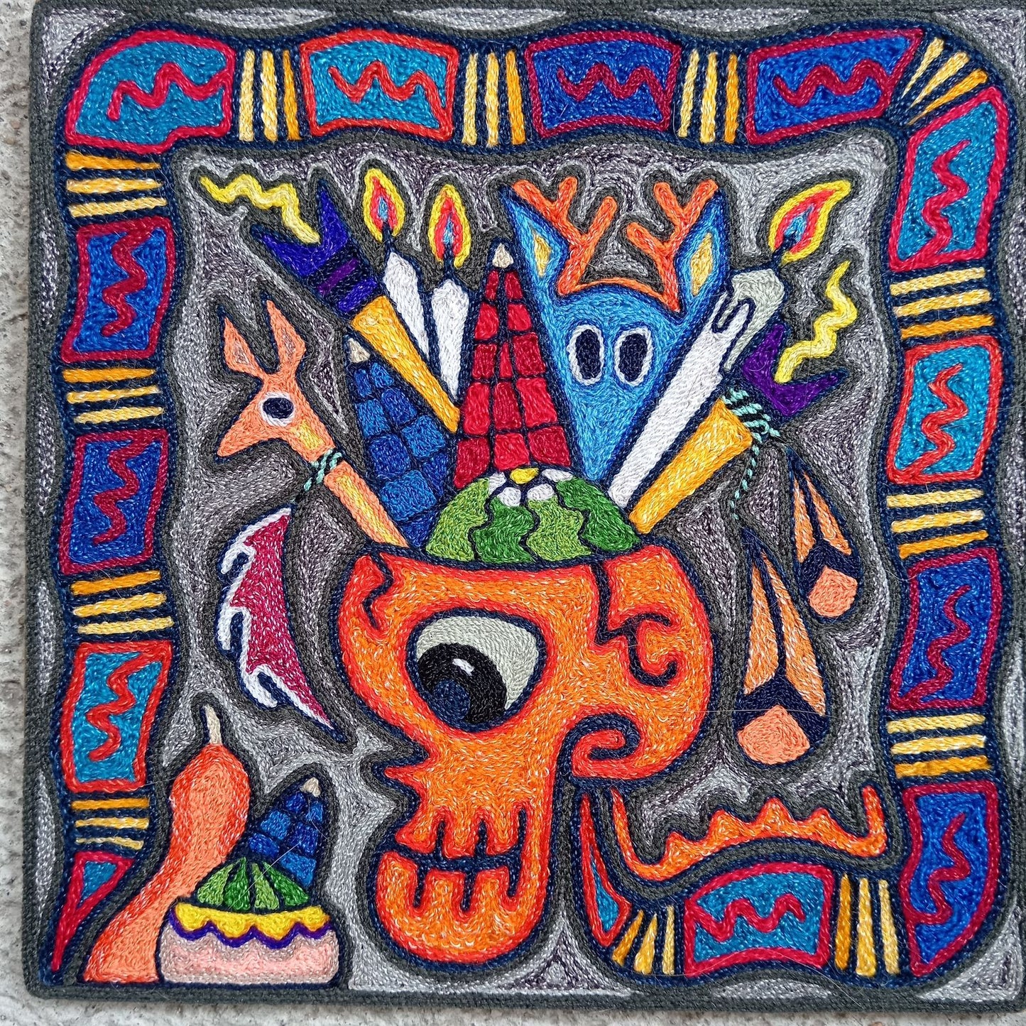 Mexican Folk Art Huichol Indian Yarn Painting by Luis Castro PP8261