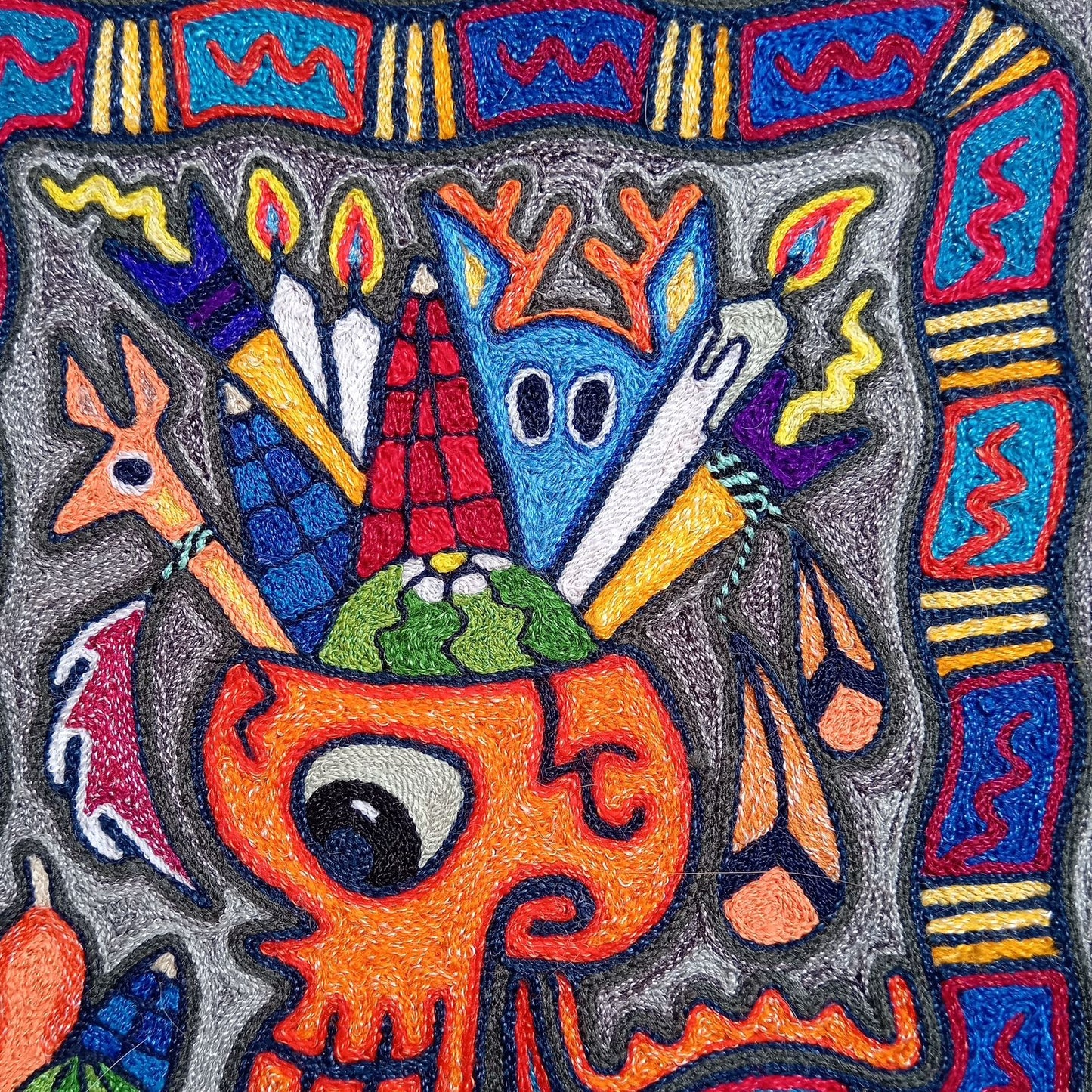 Mexican Folk Art Huichol Indian Yarn Painting by Luis Castro PP8261
