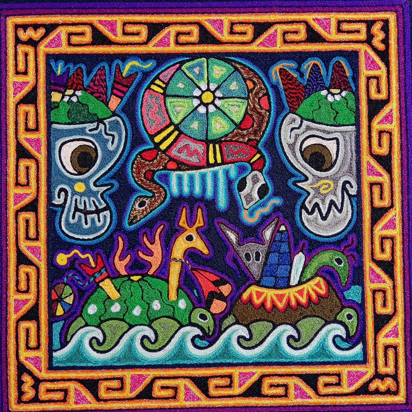 Mexican Folk Art Huichol Indian Yarn Painting by Luis Castro PP8265