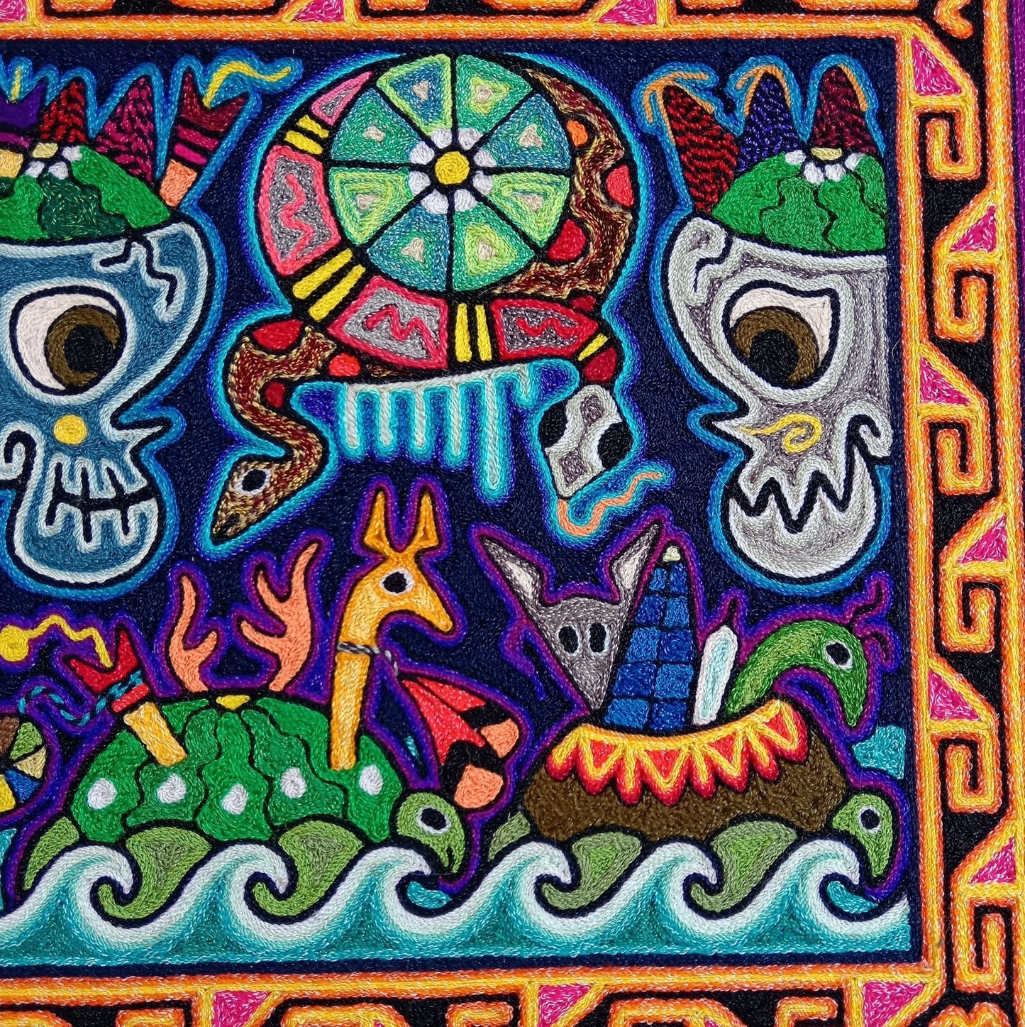 Mexican Folk Art Huichol Indian Yarn Painting by Luis Castro PP8265