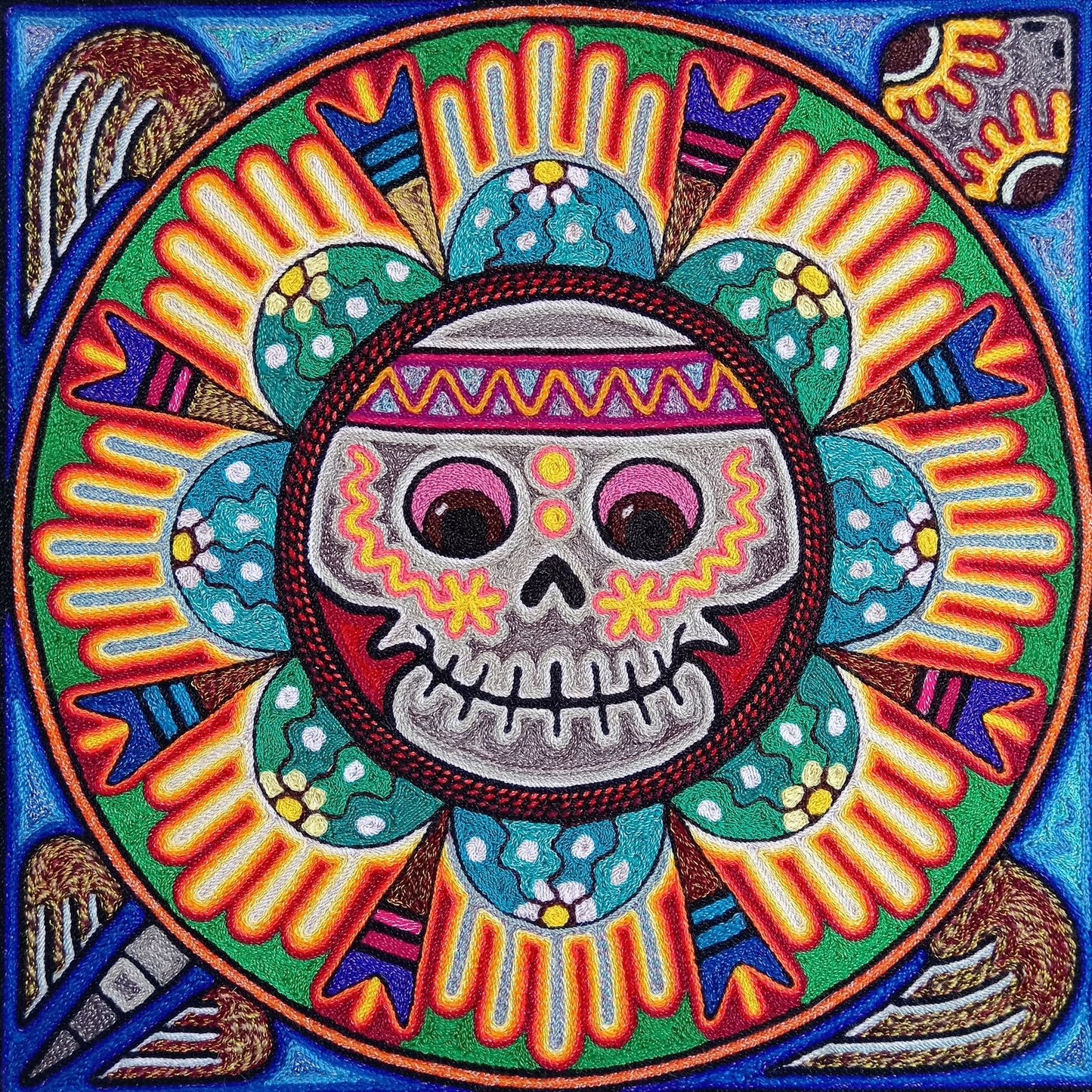 Mexican Folk Art Huichol Indian Yarn Painting by Luis Castro PP8267