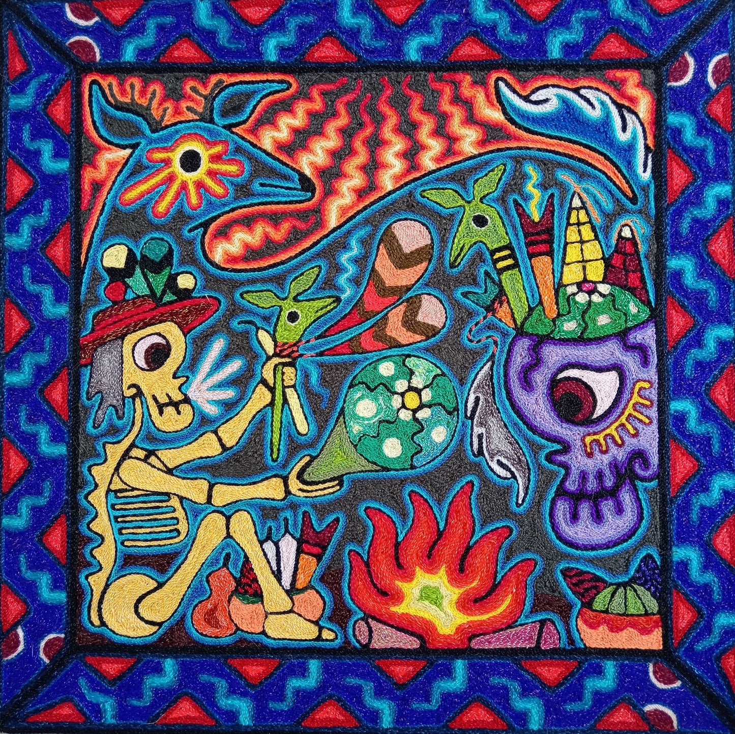Mexican Folk Art Huichol Indian Yarn Painting by Luis Castro PP8268