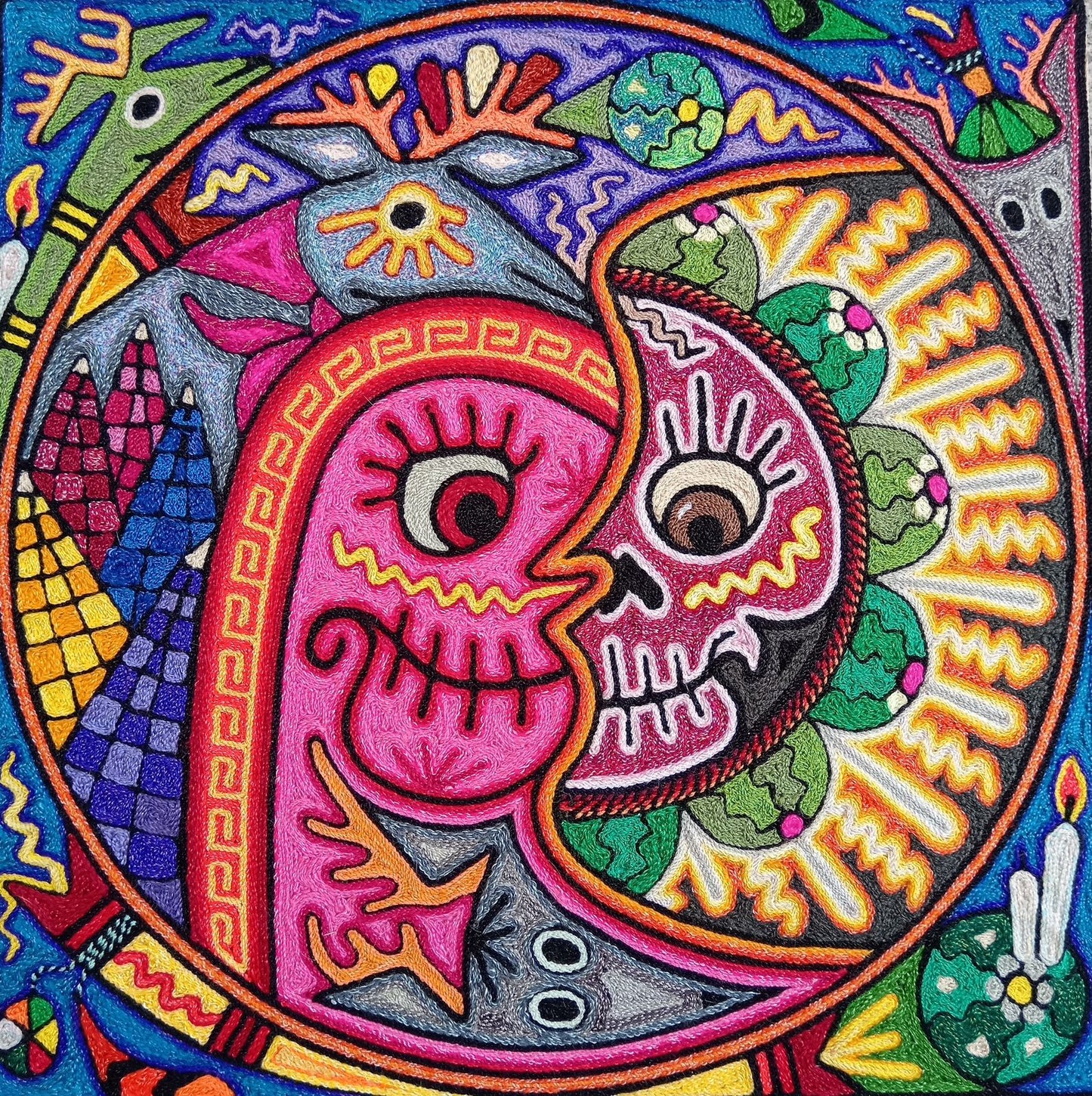 Mexican Folk Art Huichol Indian Yarn Painting by Luis Castro PP8269