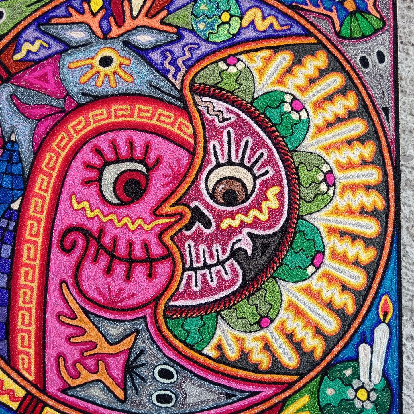 Mexican Folk Art Huichol Indian Yarn Painting by Luis Castro PP8269