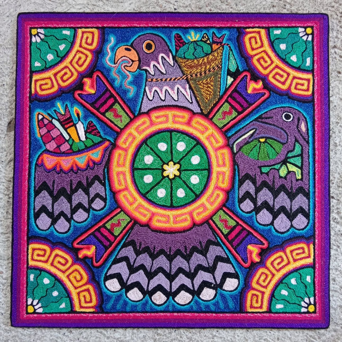 Mexican Folk Art Huichol Indian Yarn Painting by Luis Castro PP8270