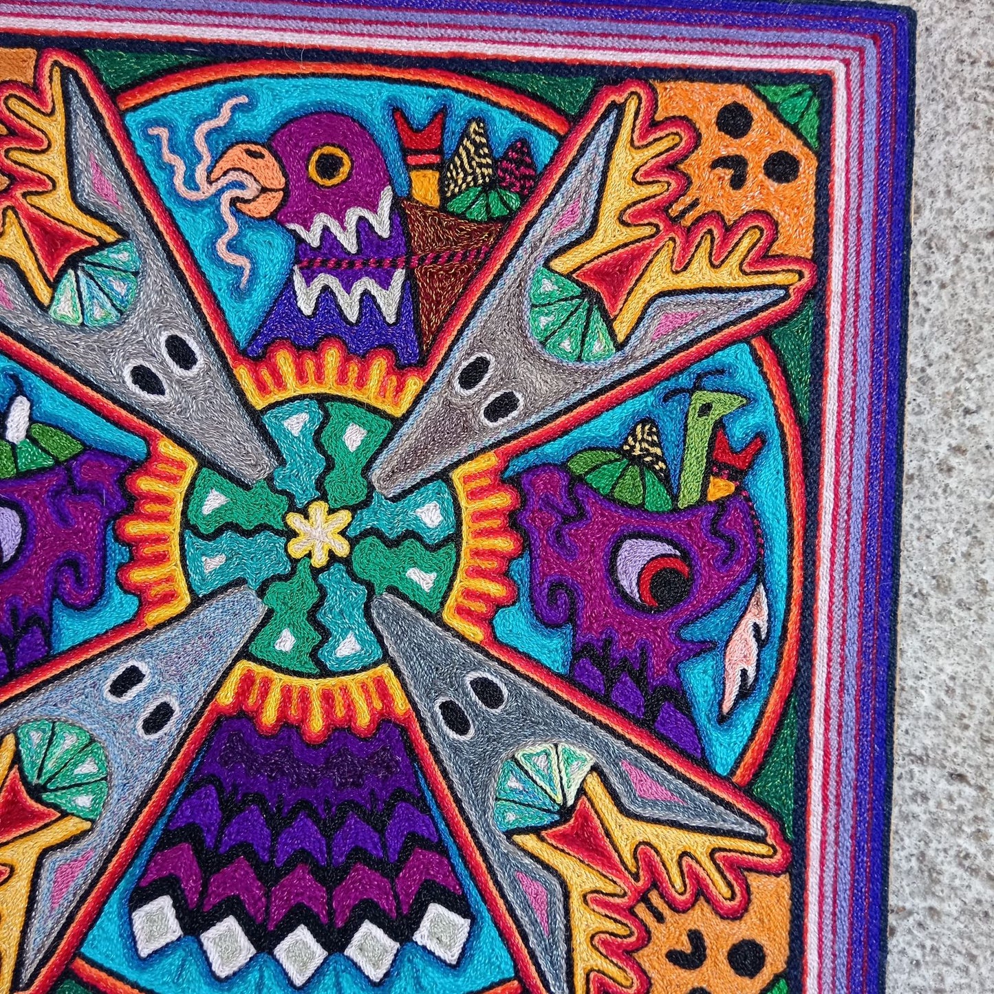 Mexican Folk Art Huichol Indian Yarn Painting by Luis Castro PP8271