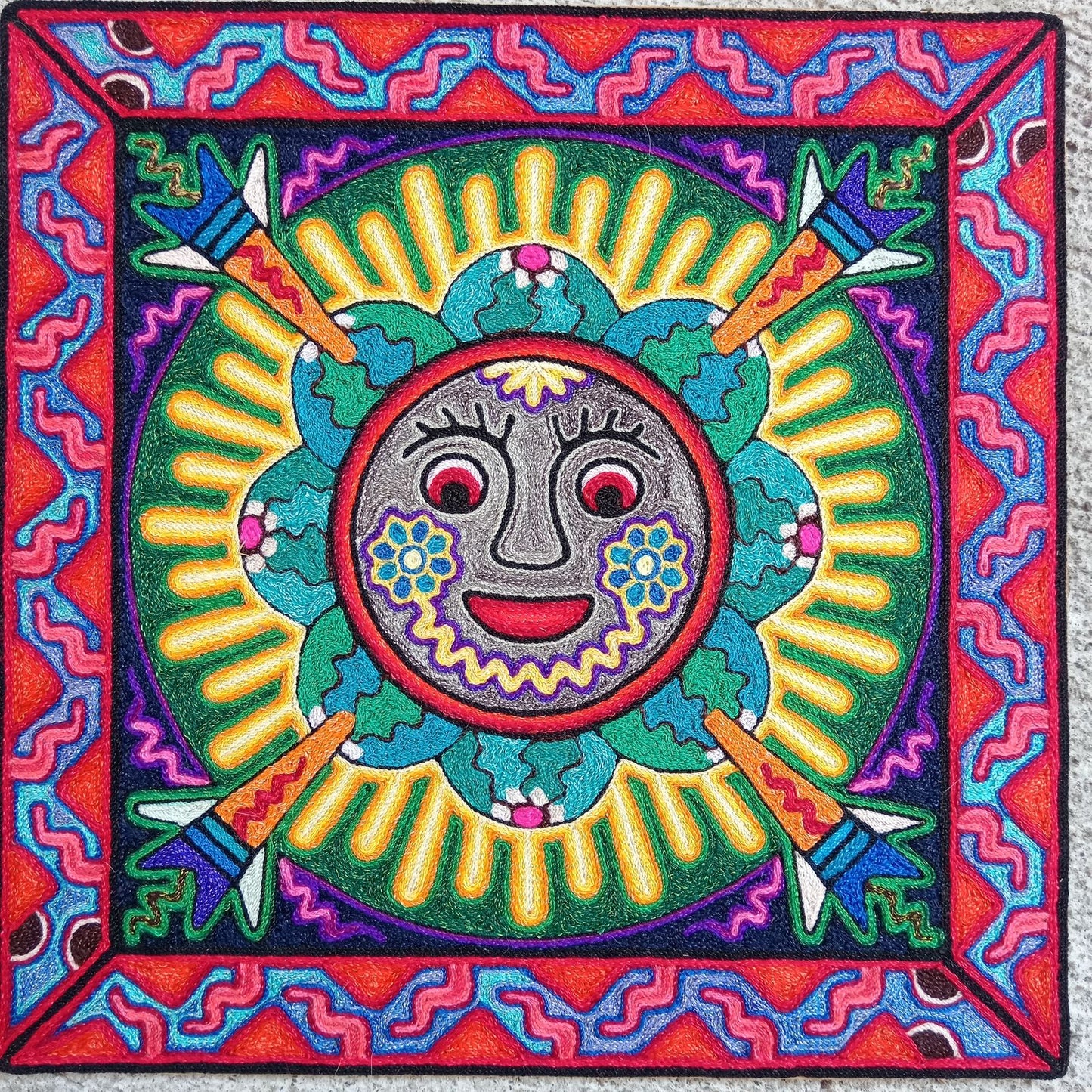 Mexican Folk Art Huichol Indian Yarn Painting by Luis Castro PP8272
