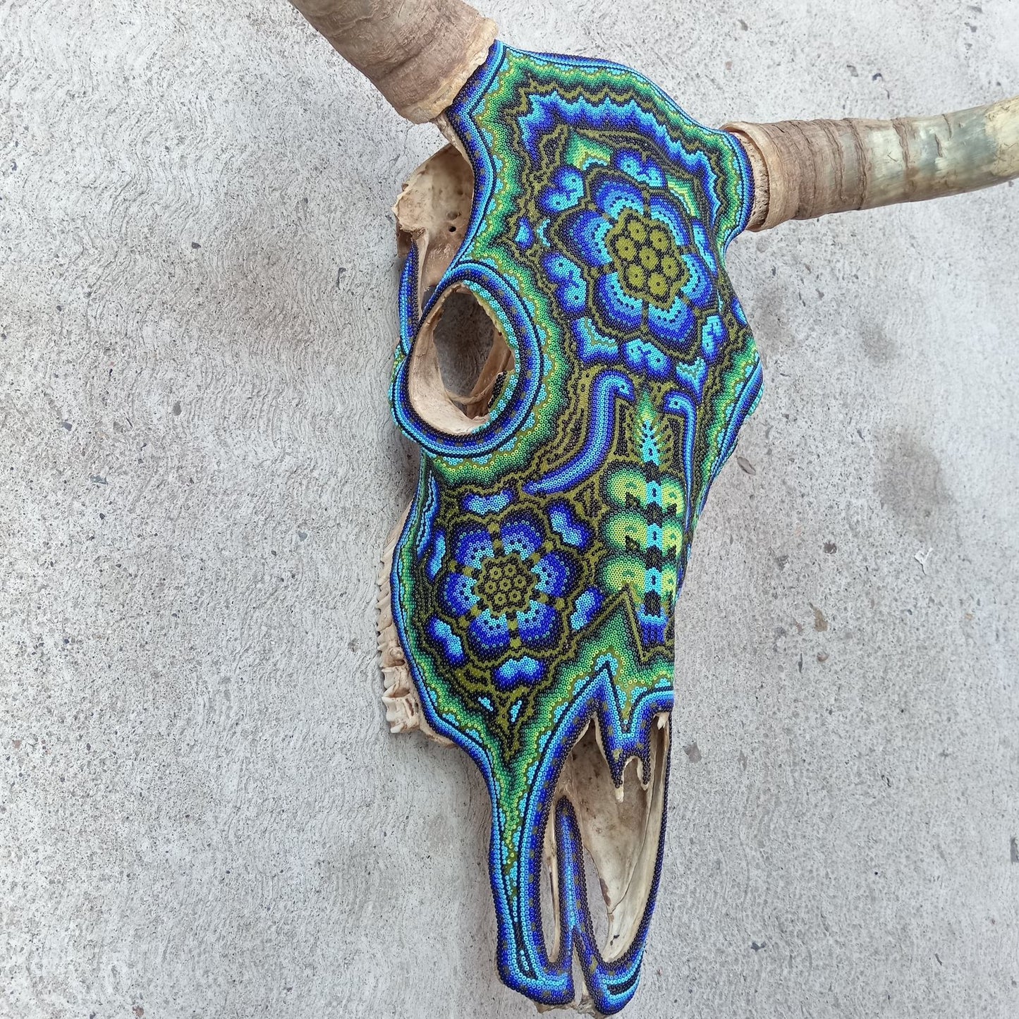 Huichol Indian Hand Beaded Bull Skull By Santos Bautista PP8293