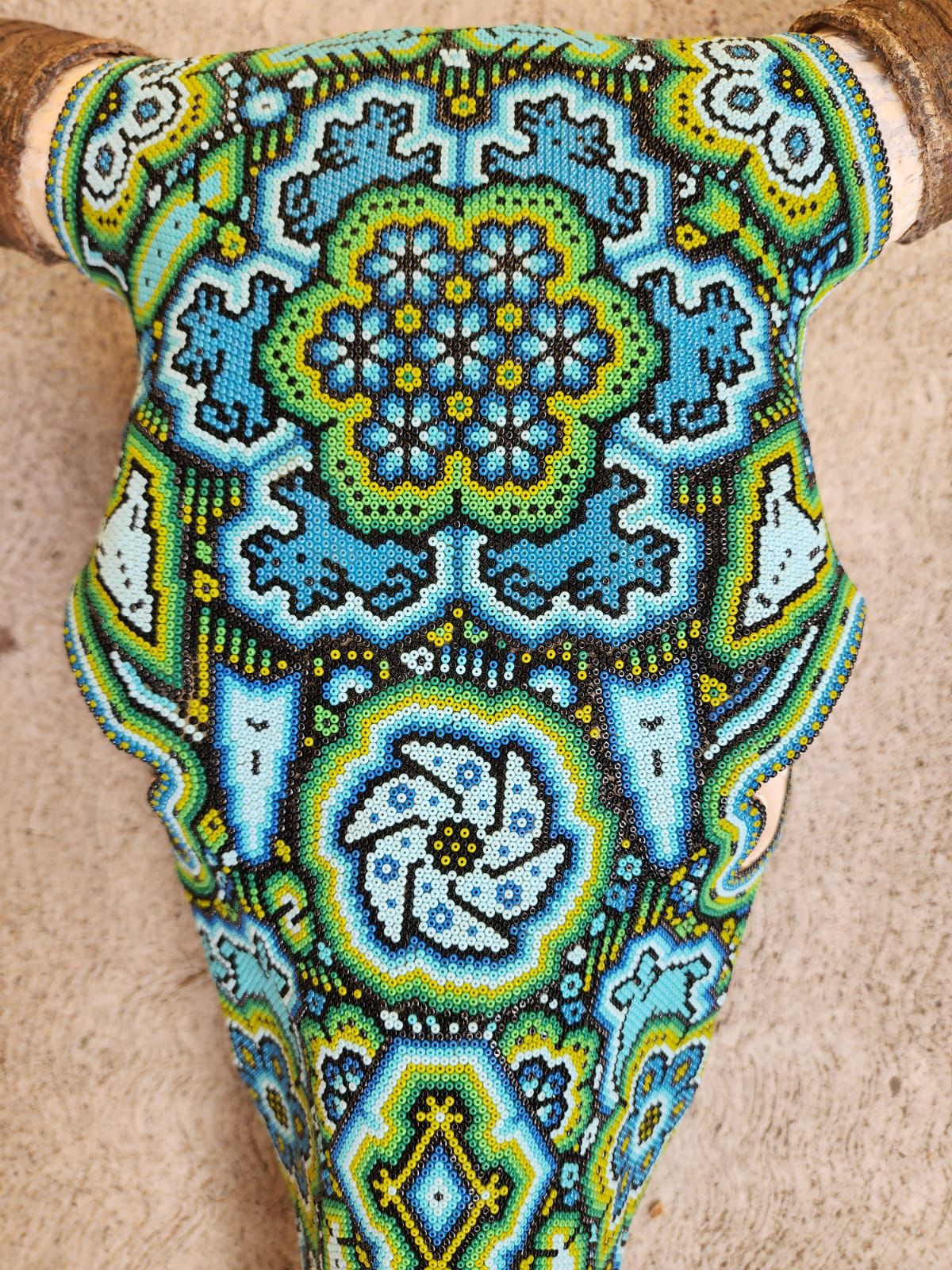 Mexican Folk Art Huichol Hand Beaded Bull Skull By Isandro Villa Lopez PP8356