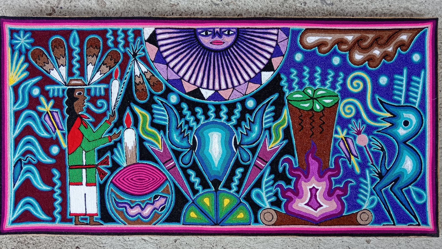 Mexican Folk Art Huichol Yarn Painting by Cooperativa Zitacua PP8431