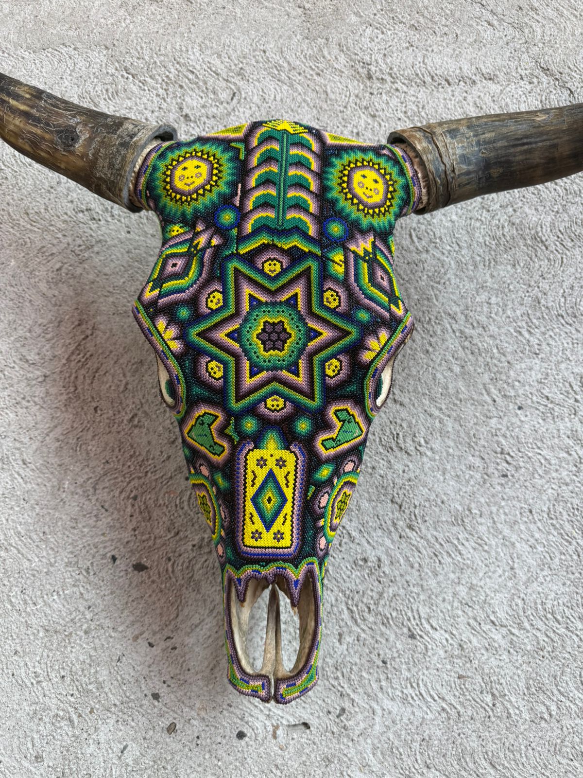 Huichol Indian Hand Beaded Bull Skull By Santos Bautista PP8480
