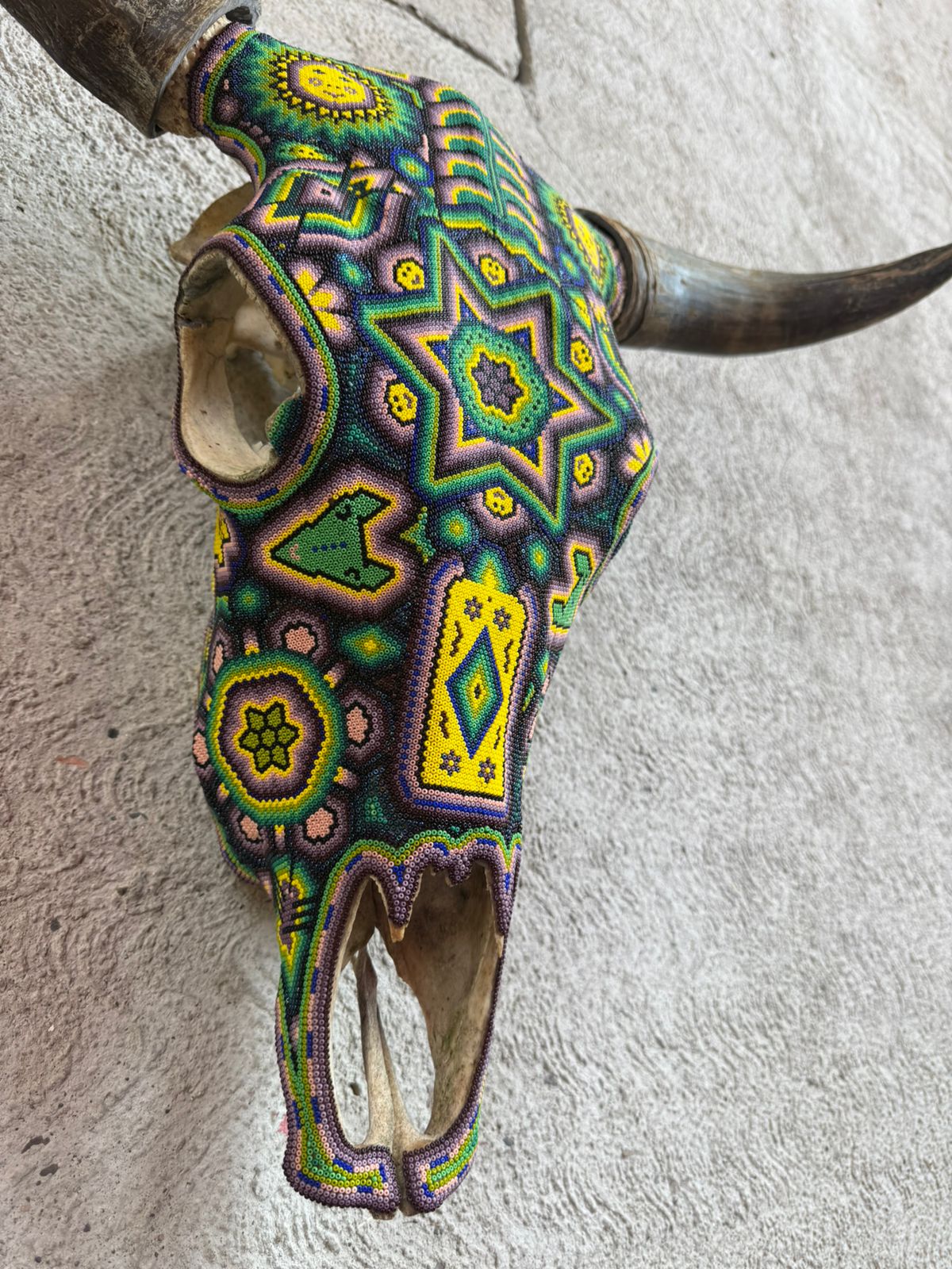Huichol Indian Hand Beaded Bull Skull By Santos Bautista PP8480