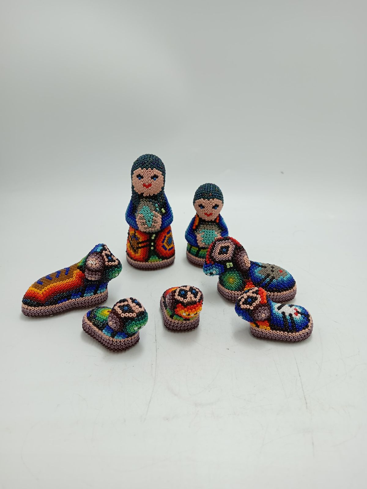 Hand Beaded Huichol Mexican Folk Art Nativity Set By Honorio Villa Lopez PP8482